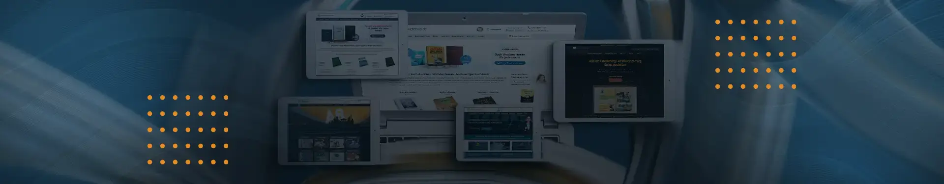 Headerbild: Beispiele unserer responsiven Webprojekte werden auf verschiedenen digitalen Endgeräten gezeigt.